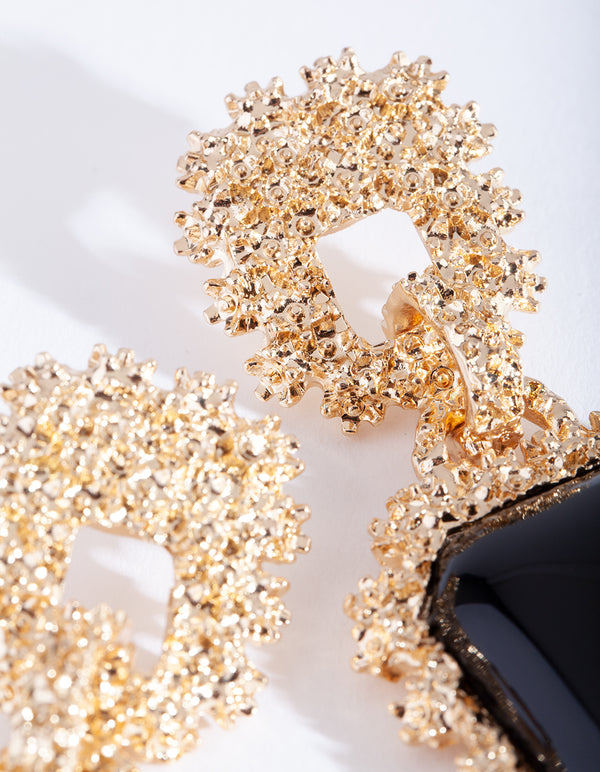 Gold Textured Black Enamel Drop Earrings
