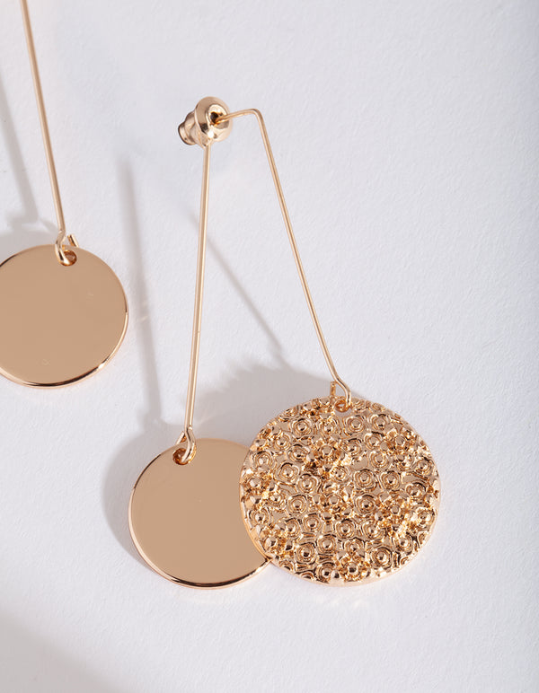 Gold Textured & Smooth Disc Drop Earrings