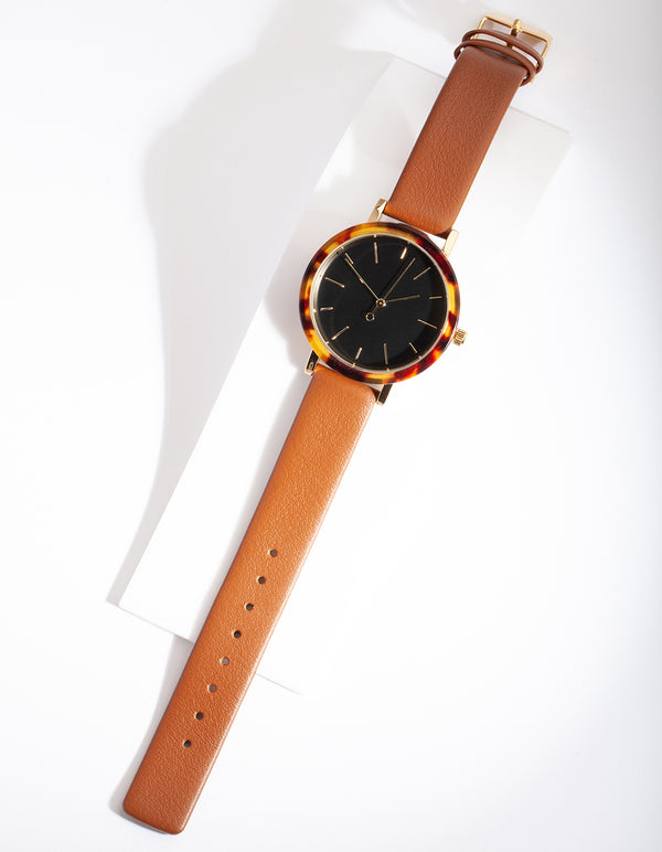 Tan Leather Tortoiseshell Watch