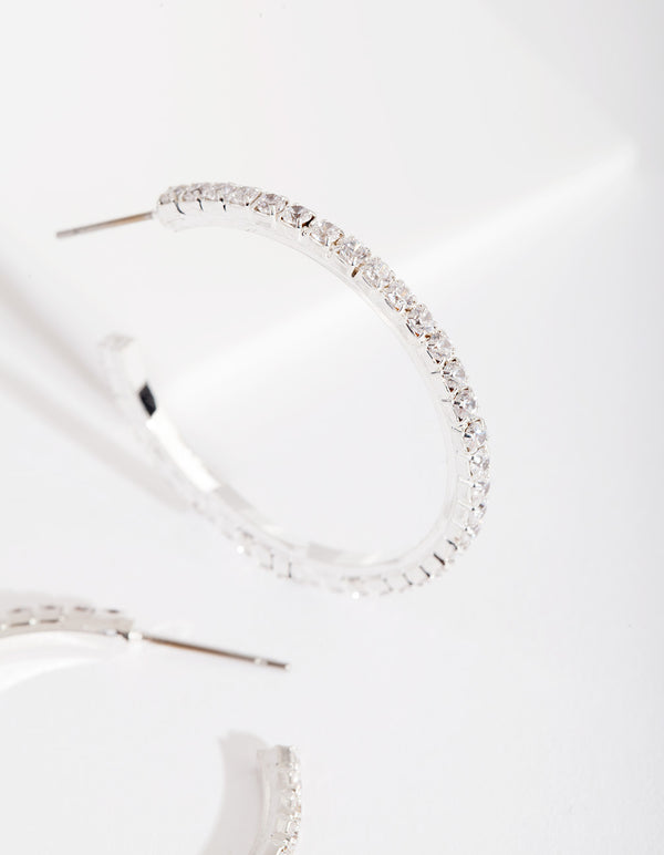 Silver Cubic Zirconia 3mm Hoop Earrings