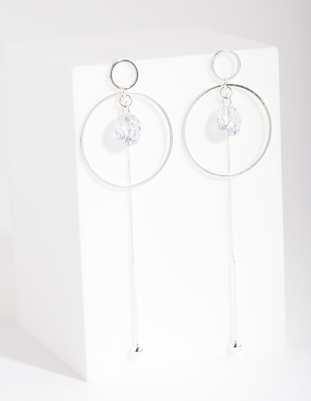 Silver Cubic Zirconia Circle Charm & Chain Earrings