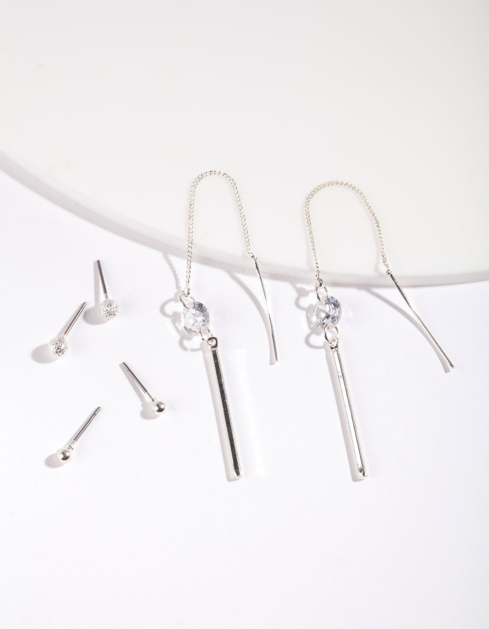 Cubic Zirconia Simple Stud & Chain Drop Earring Pack