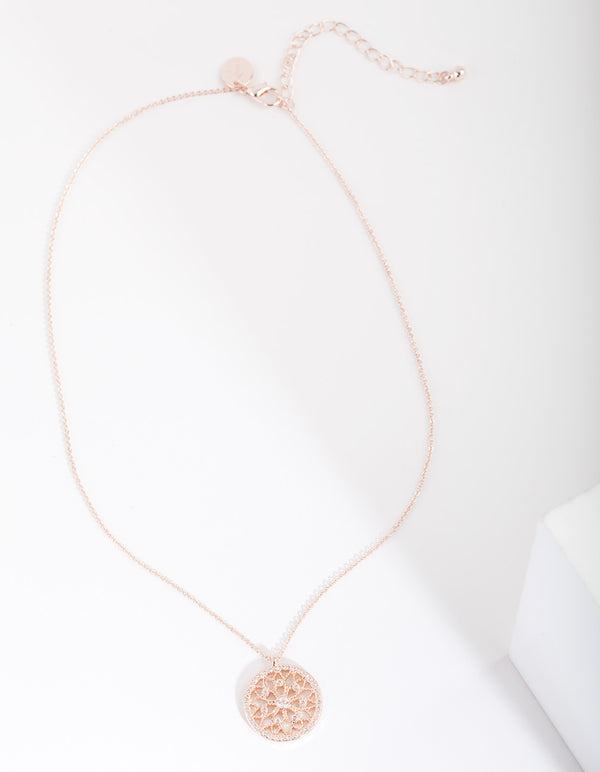 Rose Gold Cubic Zirconia Mandala Disc Necklace
