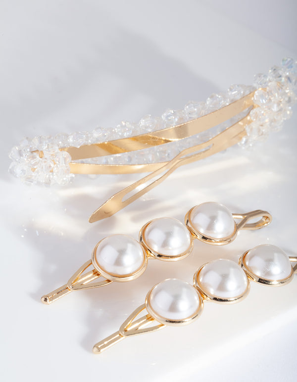 Gold Pearl Bead Hair Clip Pack