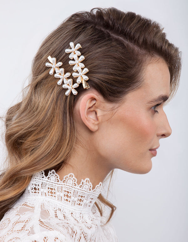 Gold Pearl Flower Hair Clip Pack