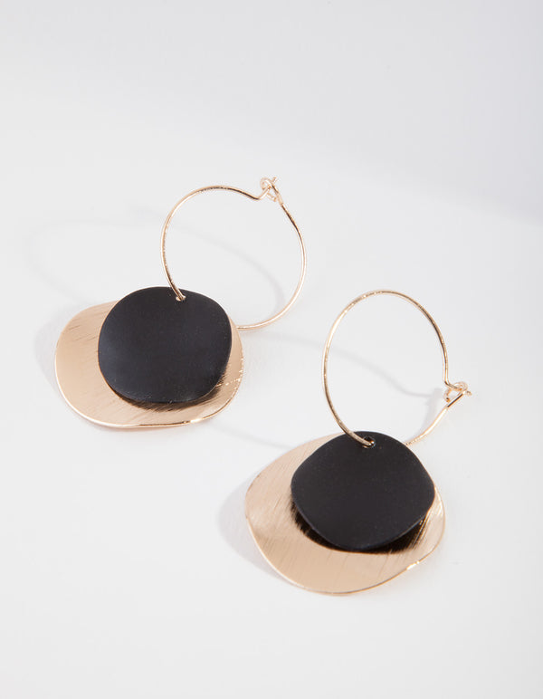 Gold Black Disc Layer Earrings