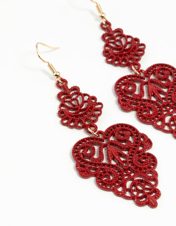 Red Filigree Leaf Earrings