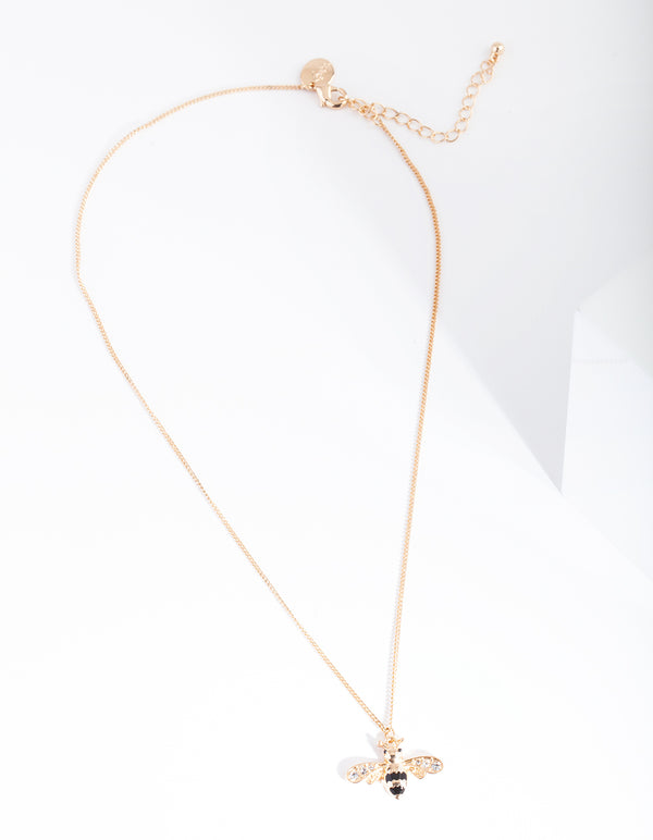 Gold Black Diamante Bee Necklace