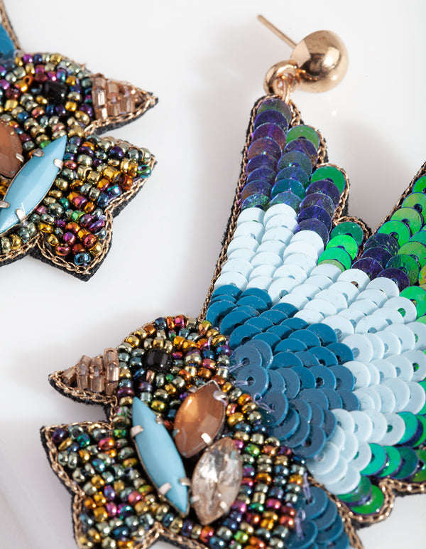 Blue Sequin Bead Bird Earrings