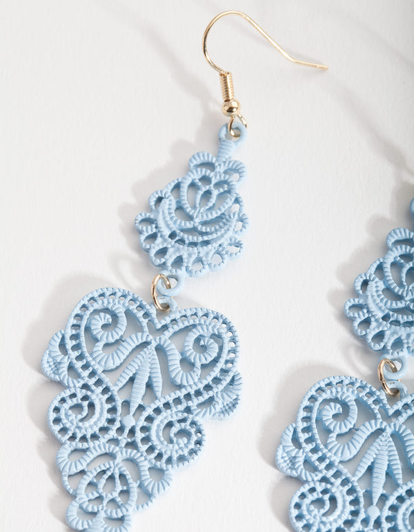 Blue Large Filigree Drop Earrings