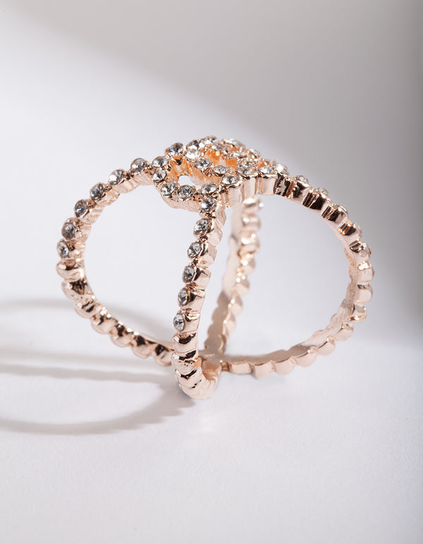 Rose Gold Diamante Cross Over Ring