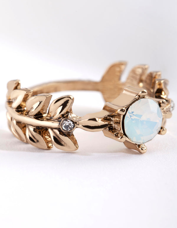 Antique Gold Synthetic Opal Leaf Wrap Ring