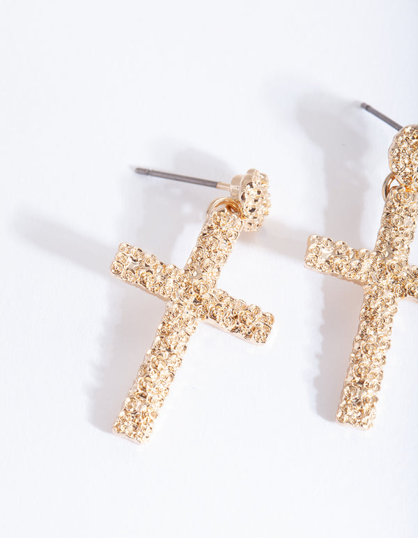 Gold Mini Textured Cross Earrings