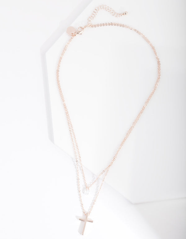 Rose Gold Cubic Zirconia Multirow Cross Necklace