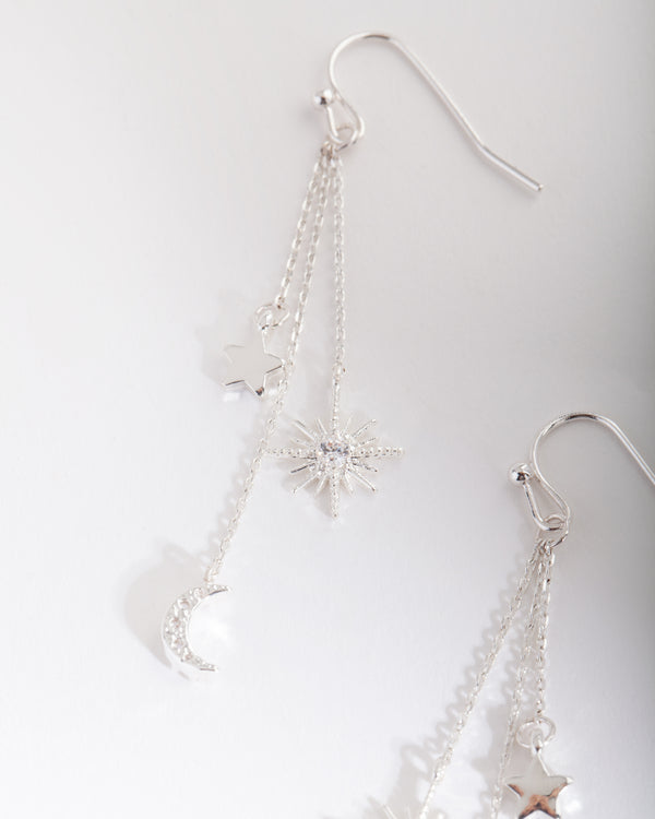 Silver Cubic Zirconia Celestial Chain Earrings