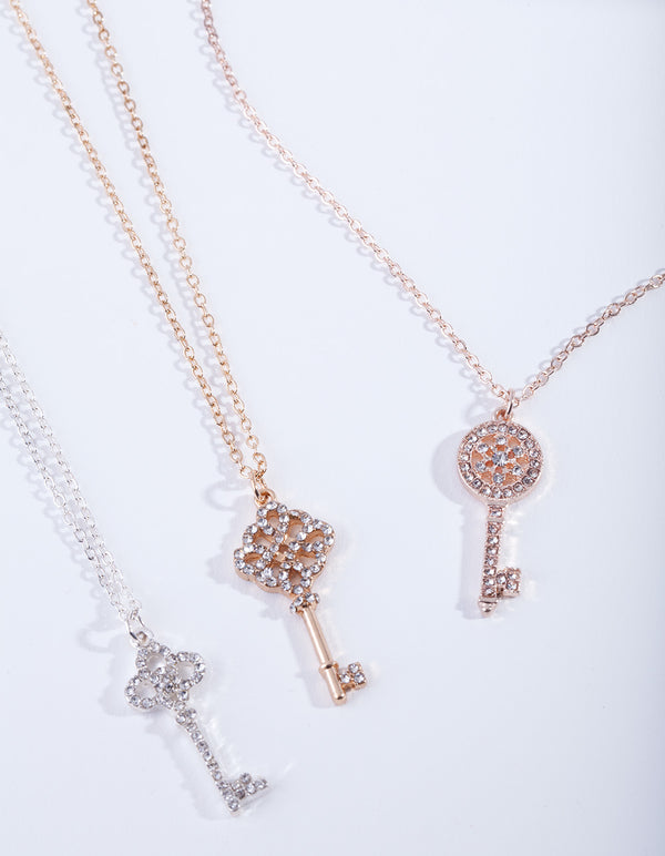Mixed Metal Diamante Key Necklace Pack