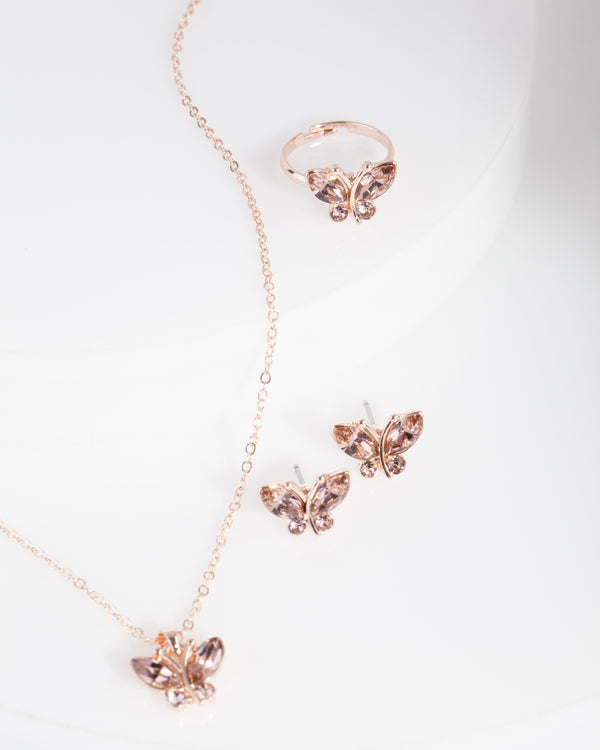 Kids Rose Gold Diamond Simulant Butterfly Jewellery Set