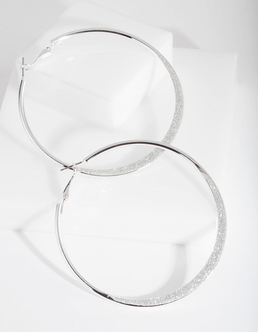 Large Silver Glitter Edge Hoop Earrings