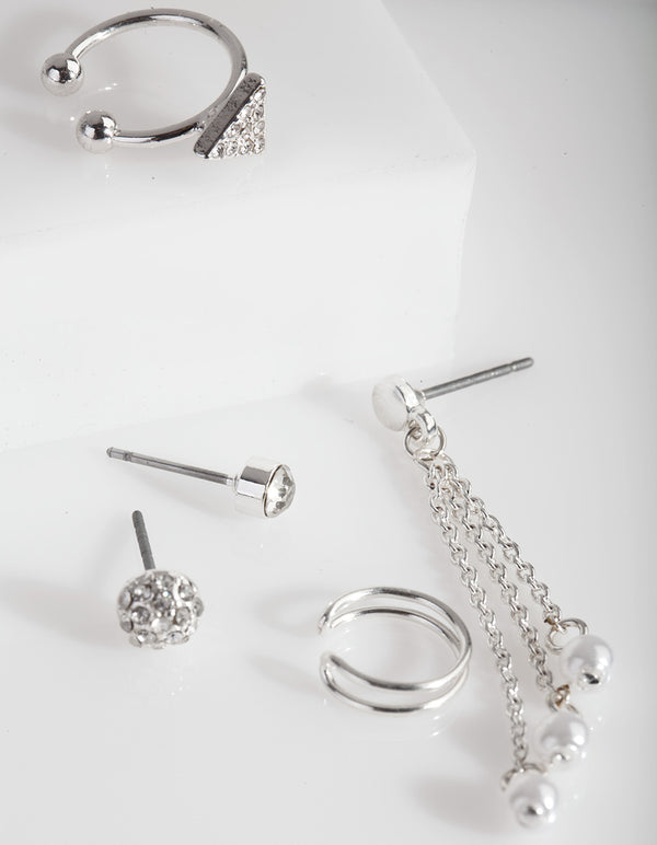 Silver Pearl Drop Ear Cuff 5-Pack