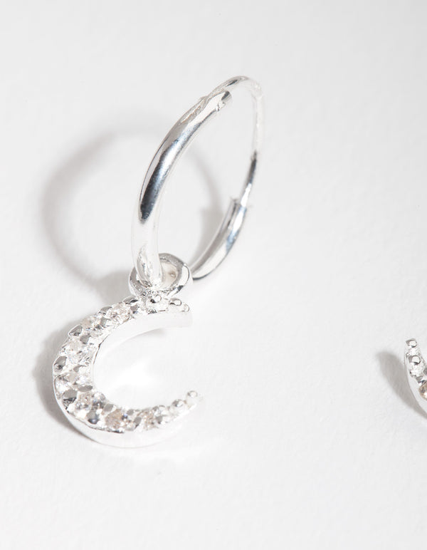 Sterling Silver Diamante Moon Charm Hoop Earrings