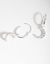 Sterling Silver Diamante Moon Charm Hoop Earrings - link has visual effect only