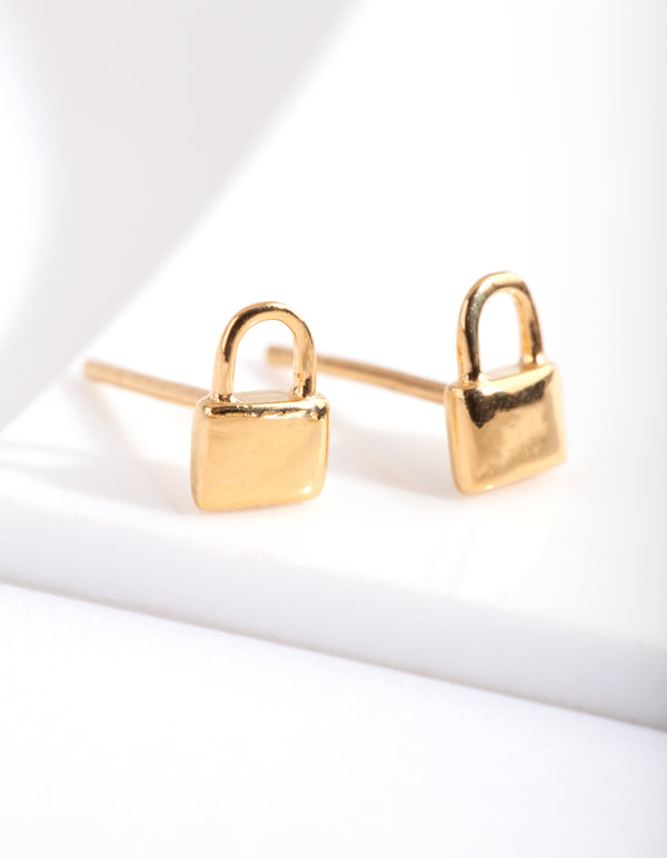 Gold Plated Sterling Silver Padlock Stud Earrings