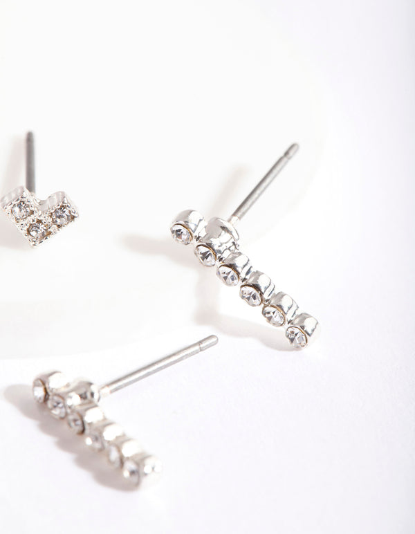 Silver Geometric Heart Stick Stud Pack