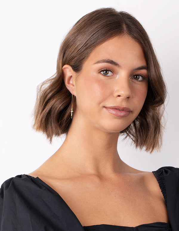 Gold Plated Sterling Silver Cross Thread Through Earrings