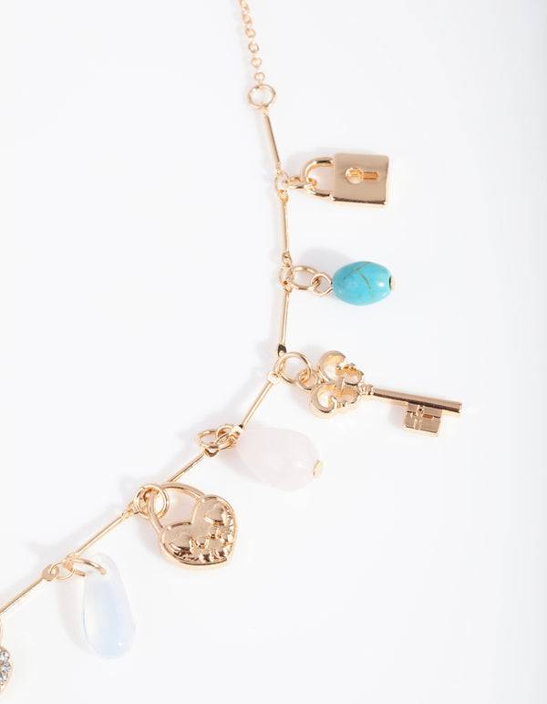 Gold Semi Precious Lock Charm Necklace