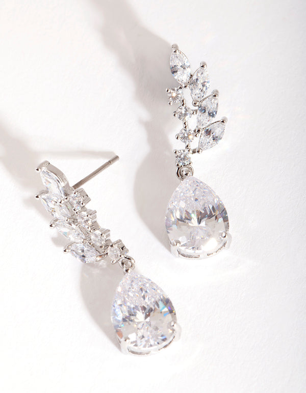Silver Diamond Simulant Leaf Crawler Earrings