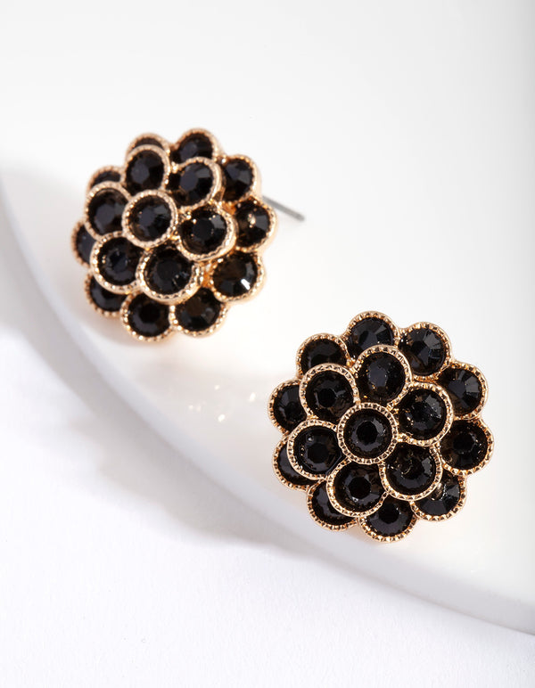 Gold Black Tier Flower Earrings