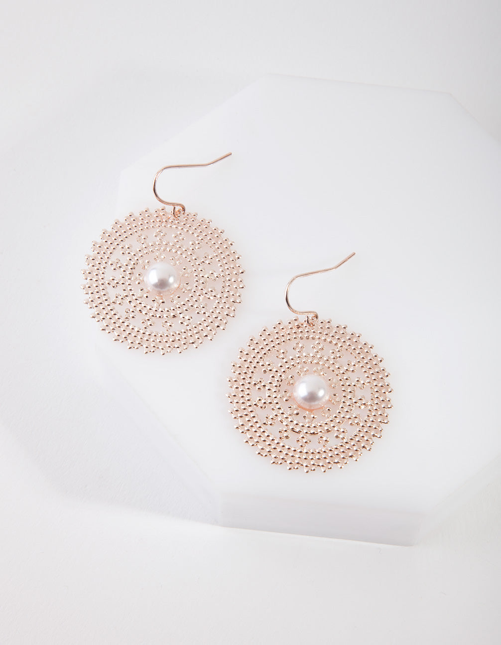 Rose Gold Staple Disc Pearl Drop Earrings
