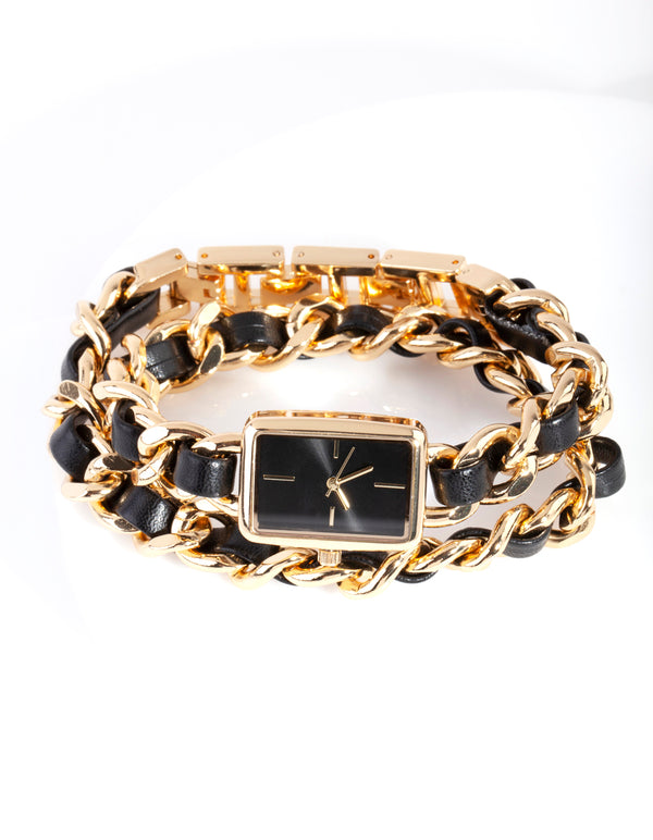 Gold & Black Chain Wrap Watch