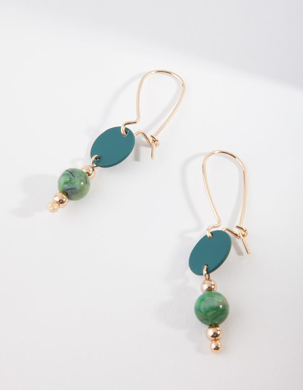Gold Green Circle Bead Earrings