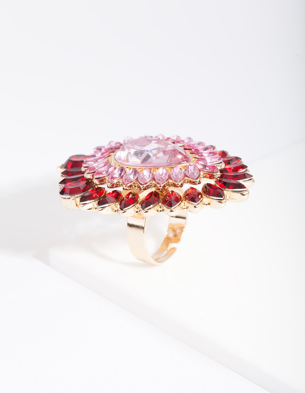 Gold Pink & Red Diamante Ring