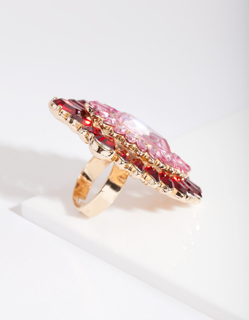 Gold Pink & Red Diamante Ring