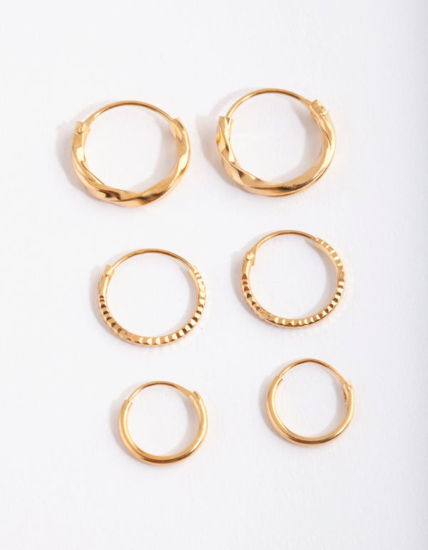 Gold Plated Sterling Silver Graduating Textured Hoop Earring Pack