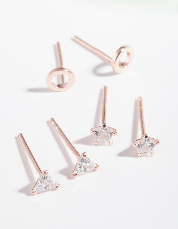 Rose Gold Plated Sterling Silver Cubic Zirconia Geo Stud Earring Pack