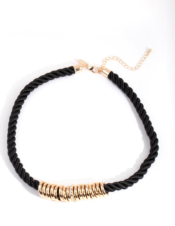 Gold Black Twist Rope Diamante Ring Necklace