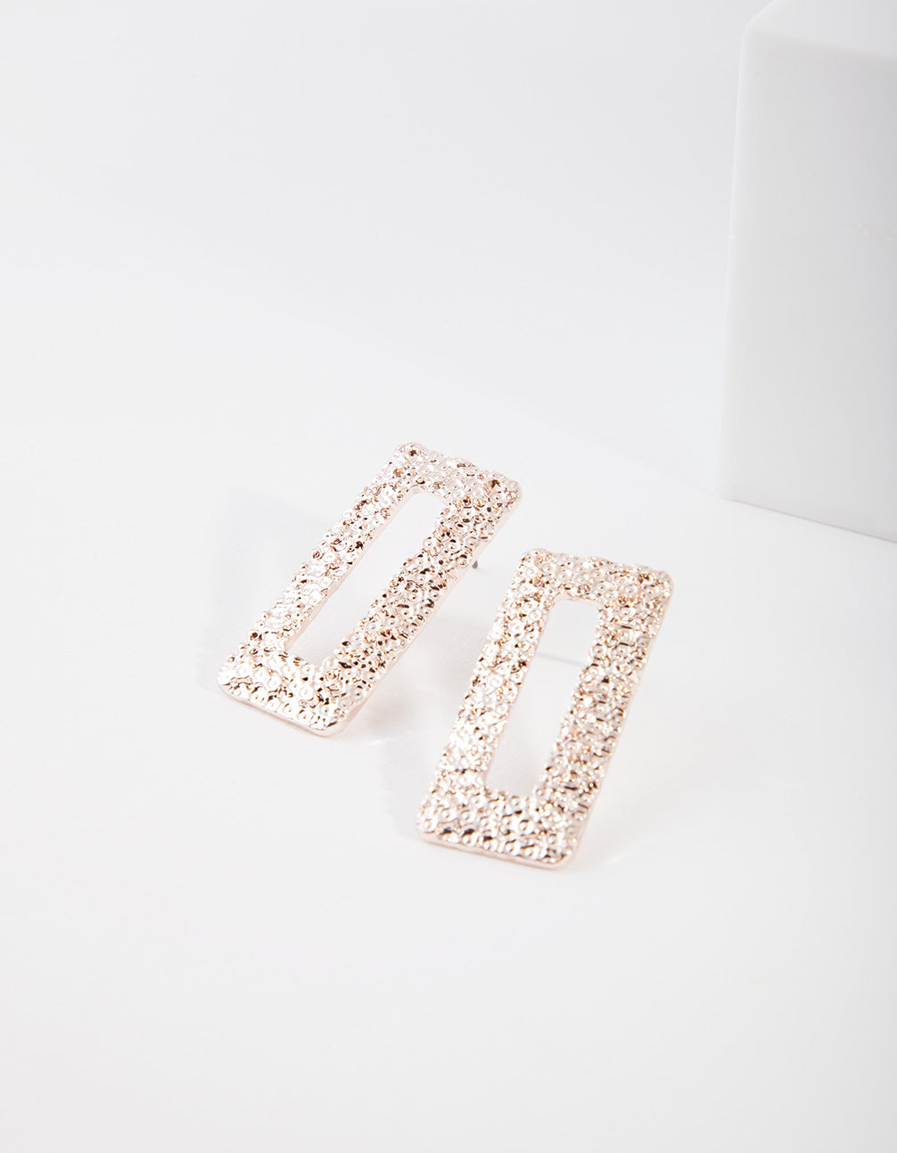 Rose Gold Crater Rectangle Stud Earrings