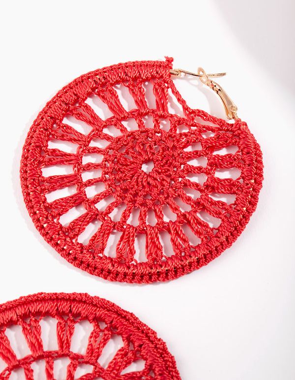 Red Crochet Disc Hoop Earrings