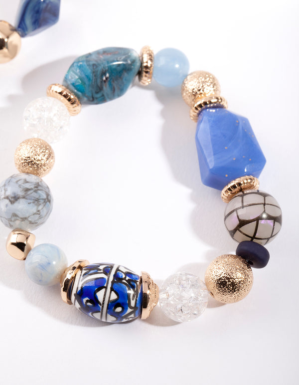 Gold Blue Bead Bracelet Pack