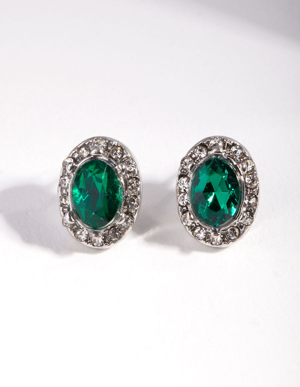 Silver Green Oval Jewel Earrings