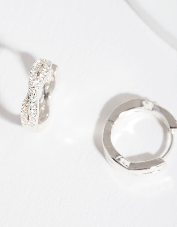 Silver Crossover Cubic Zirconia Huggie Earrings