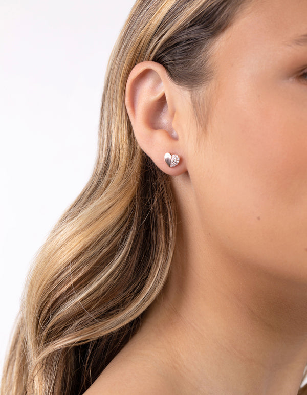 Rose Gold Plated Sterling Silver Half Pave Heart Earrings