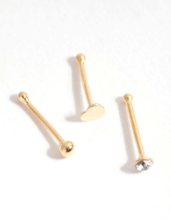 Gold Plated Sterling Silver Heart Nose Stud Pack