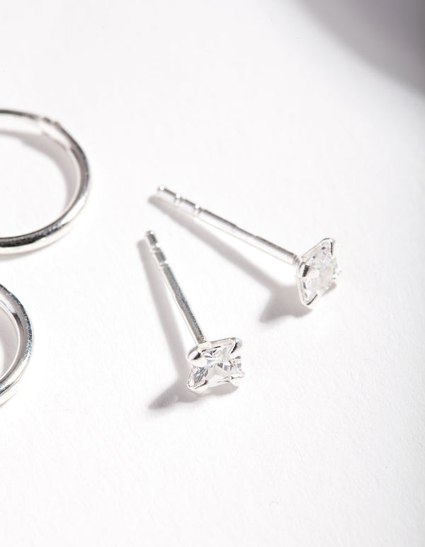 Sterling Silver Cubic Zirconia Princess Stud Hoop Earring Pack