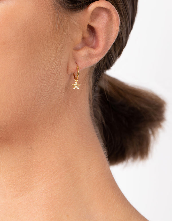 Gold Plated Sterling Silver Textured Star Hoop Earrings