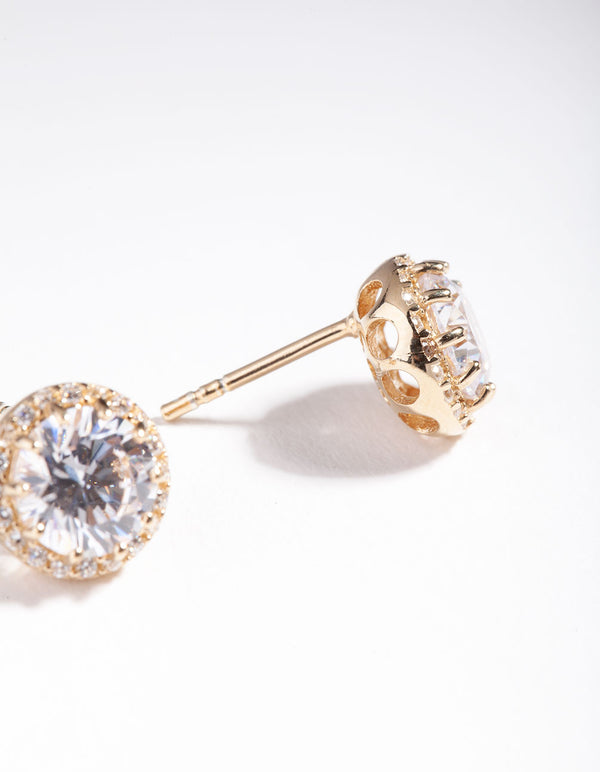 Gold Plated Sterling Silver 5mm Cubic Zirconia Halo Stud Earrings