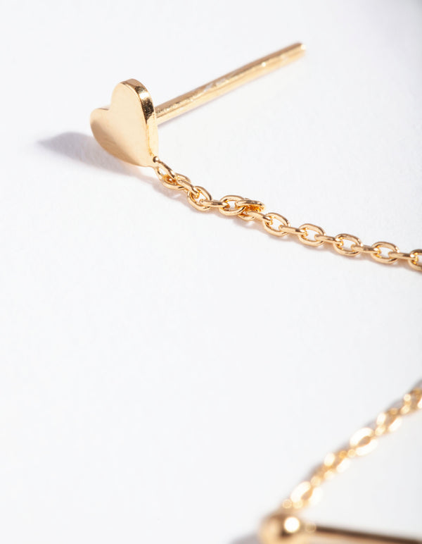 Gold Plated Sterling Silver Heart Chain Double Stud Earring